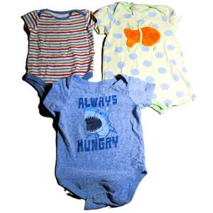 Variety Baby Bodysuit Bundle 3 One-Pieces Cotton Shark Goldfish Stripes Size 12M